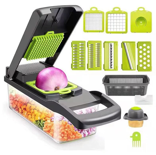 1Pc Green Black 12 in 1 Multifunctional Vegetable Slicer Cutter Shredders Slicer with Basket Fruit Potato Chopper Carrot Grater